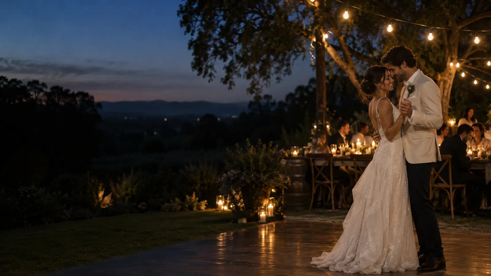An intimate wedding reception under evening lights