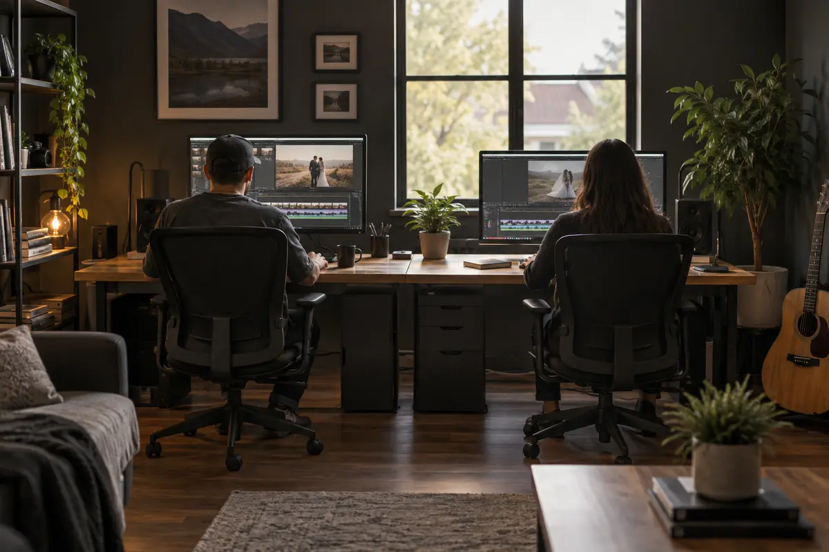 Illustration of a focused post-production workspace